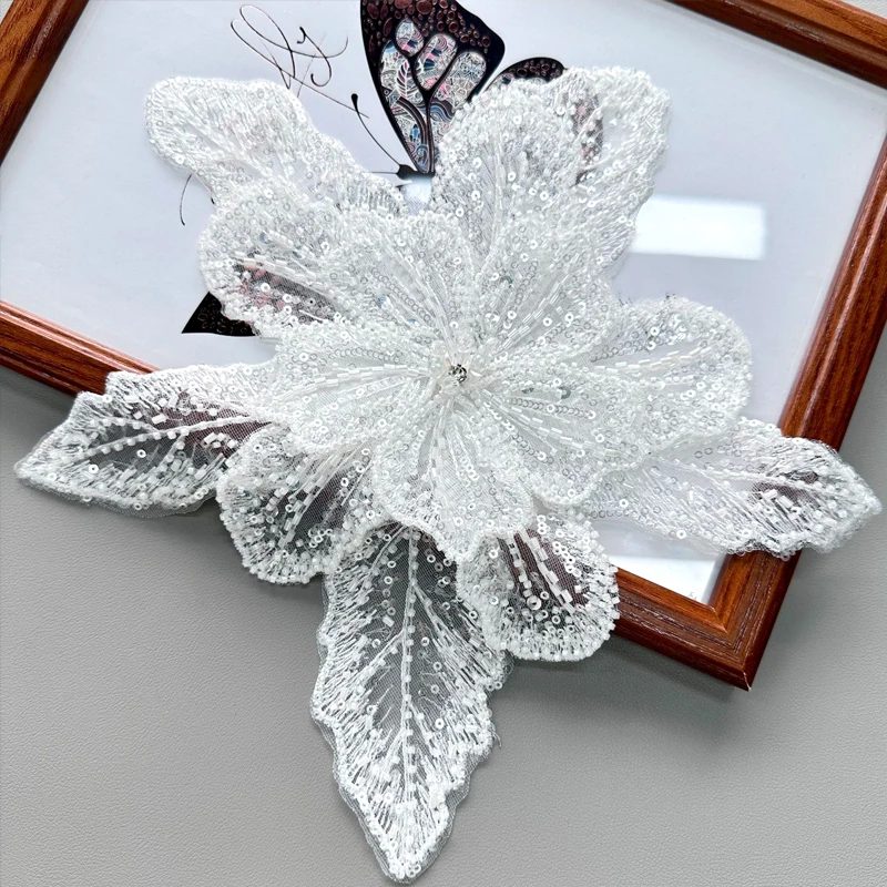 Lantejoula frisada flor colar Applique, laço branco, remendo bordado, corsage, vestido de casamento DIY, roupas costura acessórios, 1pc