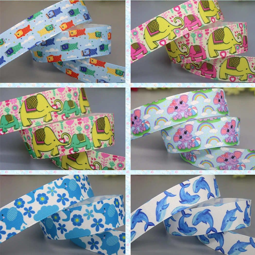 DHK 50yards Fish Elephant Whale Printed Grosgrain Ribbon Accessories Material Headwear Decoration DIY Sewing Craft S2136