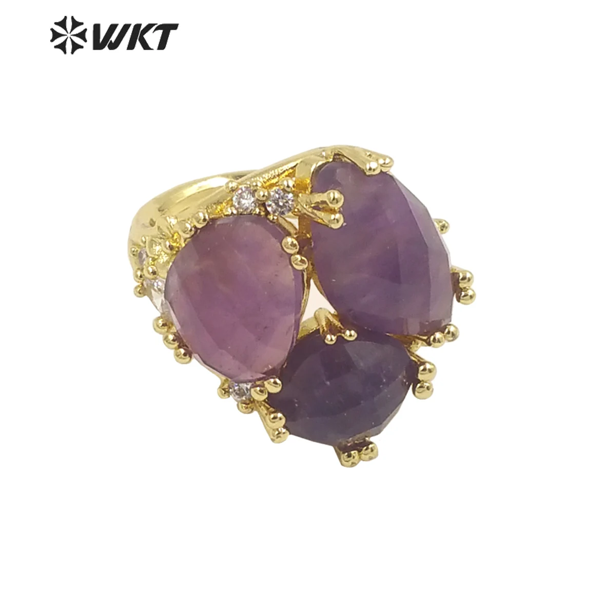 

WT-R448 WKT Hot Design Triple Stone Ring For Women Party 18k Real Gold Plated Amethyst Precious Gemstone ACC For Birthday