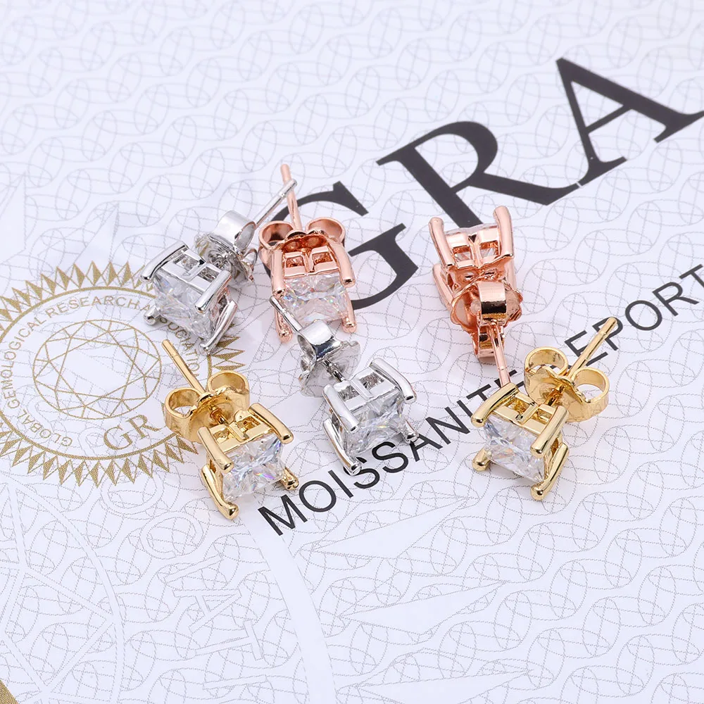 S925 Sterling Silver VVS1 Moissanite Square Stud Earrings Pass Diamond Tester 4 Prong Earrings With GRA Certificate