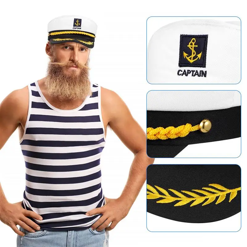 Men's Captain Hat Yacht Boat Ship Sailor Captain Costume Hat Navy Marine for Festival Dress up (White)