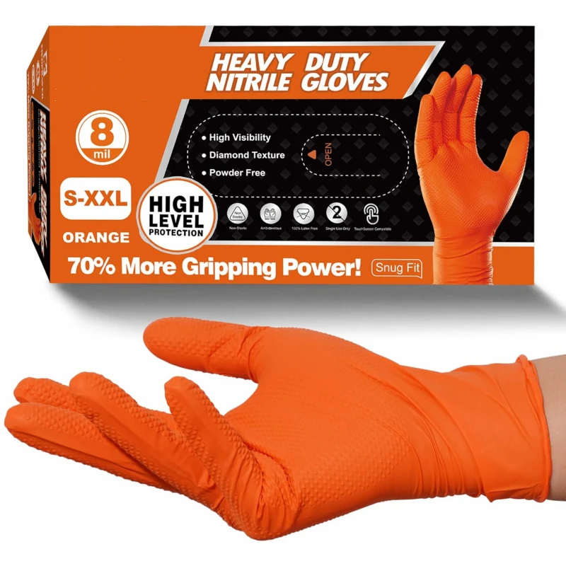 

8Mil Thick Nitrile Gloves with Diamond Textured Disposable Gloves Heavy Duty Industrial Latex Free Tattoo Mechanic Safety Gloves