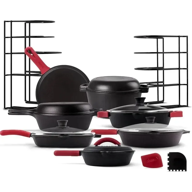 Cast  Cookware Set  Skillet + Cast Iron Lid  Braiser with Lid + Grill Pan  Griddle  Dutch Oven