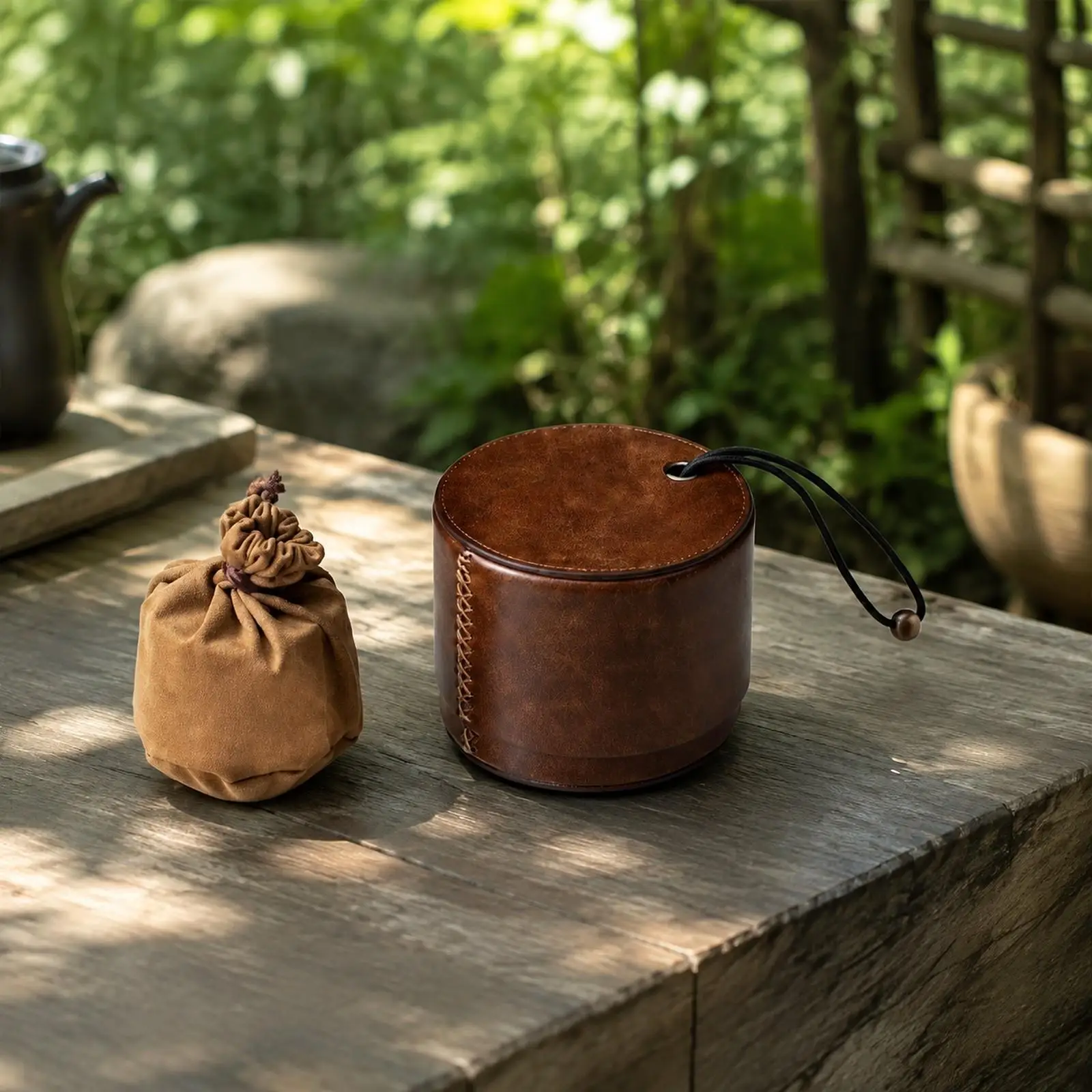 Hand Stitched Leather Cylindrical Tea Pouch Industrial Case with Lid for Outdoor Tea Period Portable Tea Tray Storage