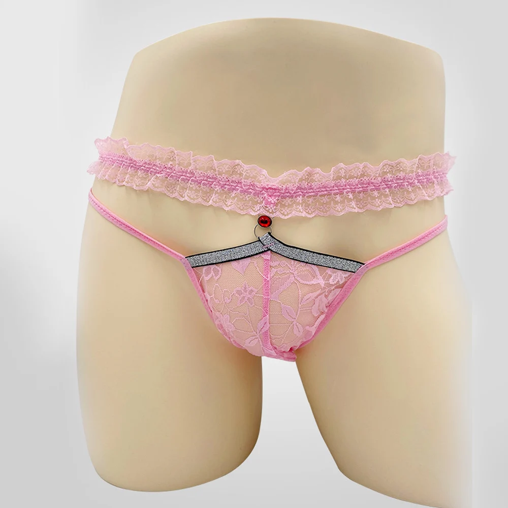 Men Sexy  Lace Trim Sheer Flower Pattern Underwear Sexy Man Panties G String Ultra-Thin Rhinestone Comfortable Hollow Out Underp