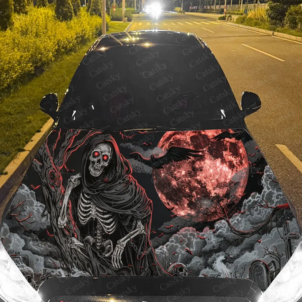 

Chilling Red Moon Grim Reaper Car Cover Decal, Auto Hood Sticker, Waterproof and Self-adhesive Auto Vinyl Wraps, Cool Car Exteri