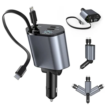 كل جديد شاحن سيارة قابل للسحب 120 واط 4 في 1 شاحن هاتف السيارة فائق السرعة PD منافذ USB آيفون سامسونج هواوي Xiaomi