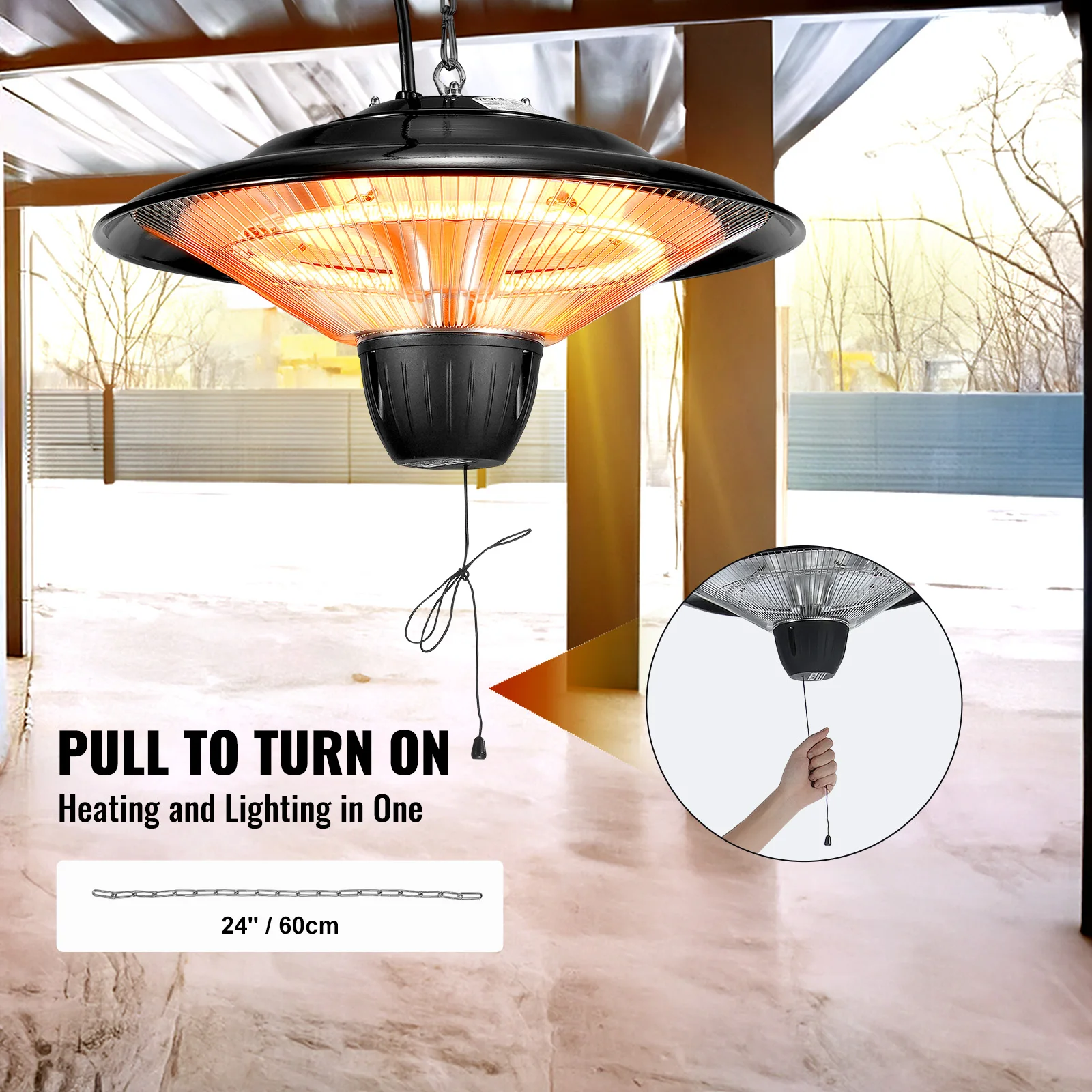 

Подвесной обогреватель для патио 1500 Вт со шнуром 23,6 дюйма и регулируемой цепью 20 дюймов