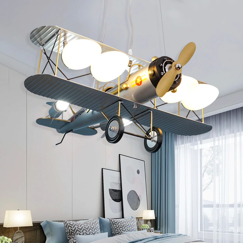 Nordic LED Creative Simple Aircraft Pendant Light Personalized Iron Art Boys Girls' Bedroom and Study Decoration Children's Room