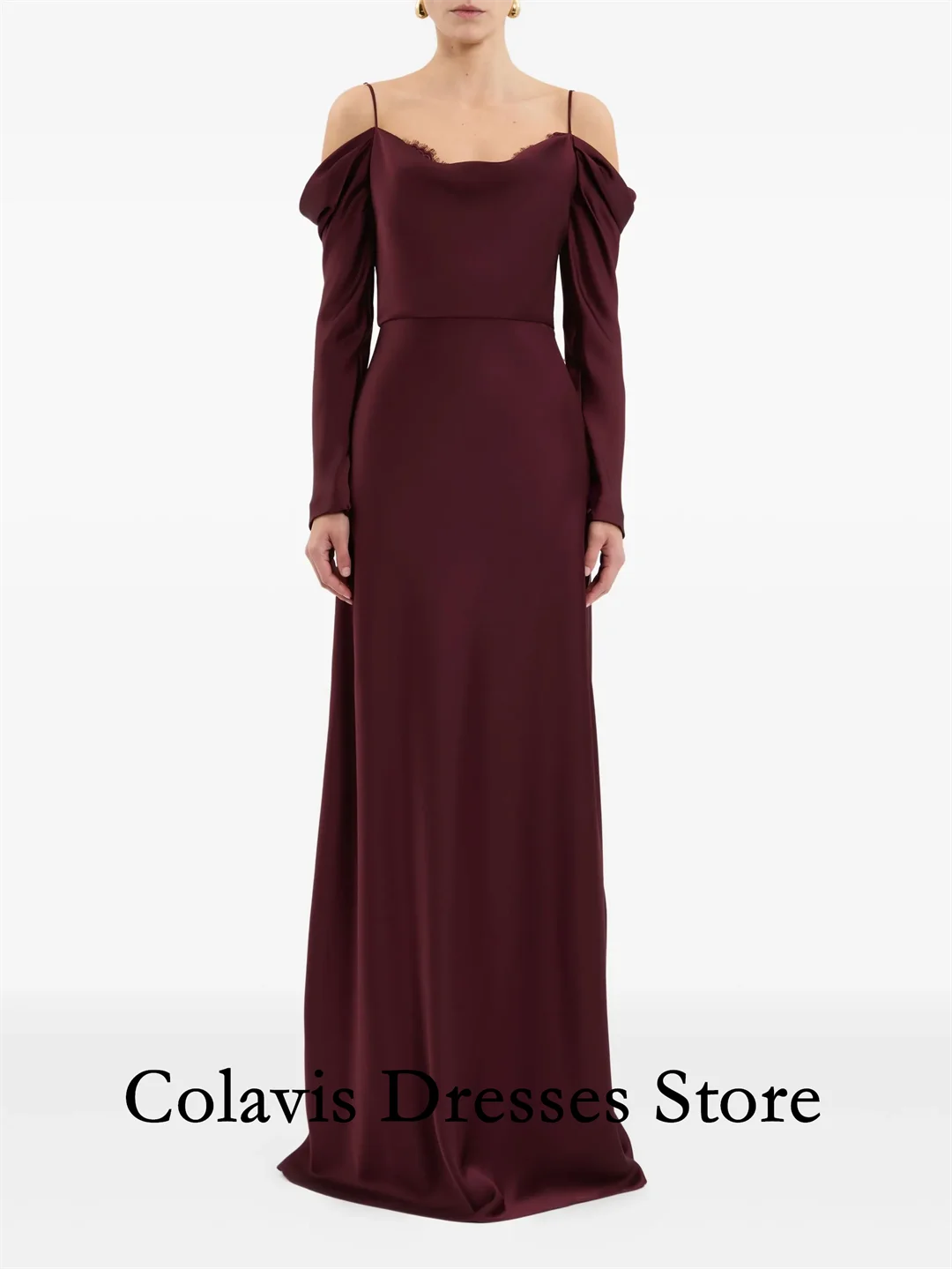 

2025 Customized Spaghetti Straps Long Sleeves Satin Dark Red Prom Dresses Evening Dress Women Evening Gowns Formal Party Dress