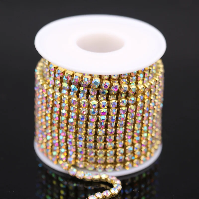 1Yrads/lot ss6-ss18  dense Crystal ab  in gold plated base close rhinestone Cup chain for clothing ornament accessories dress