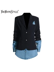 TWOTWINSTYLE Colorblock Patchwork Denim Blazers For Women Notched Collar Long Sleeve Spliced Button Chic Blazer Female Fashion