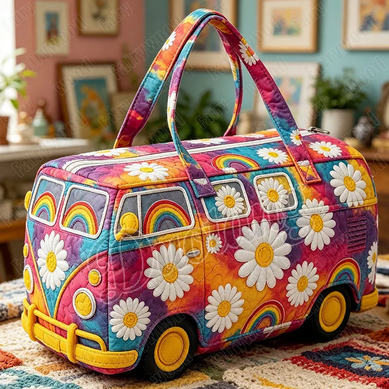 Retro Vintage Bus Shaped Handbag for Travel Daisy Flowers Rainbow Women Shoes Holder Large Capacity Shoulder Bags Duffle Totes