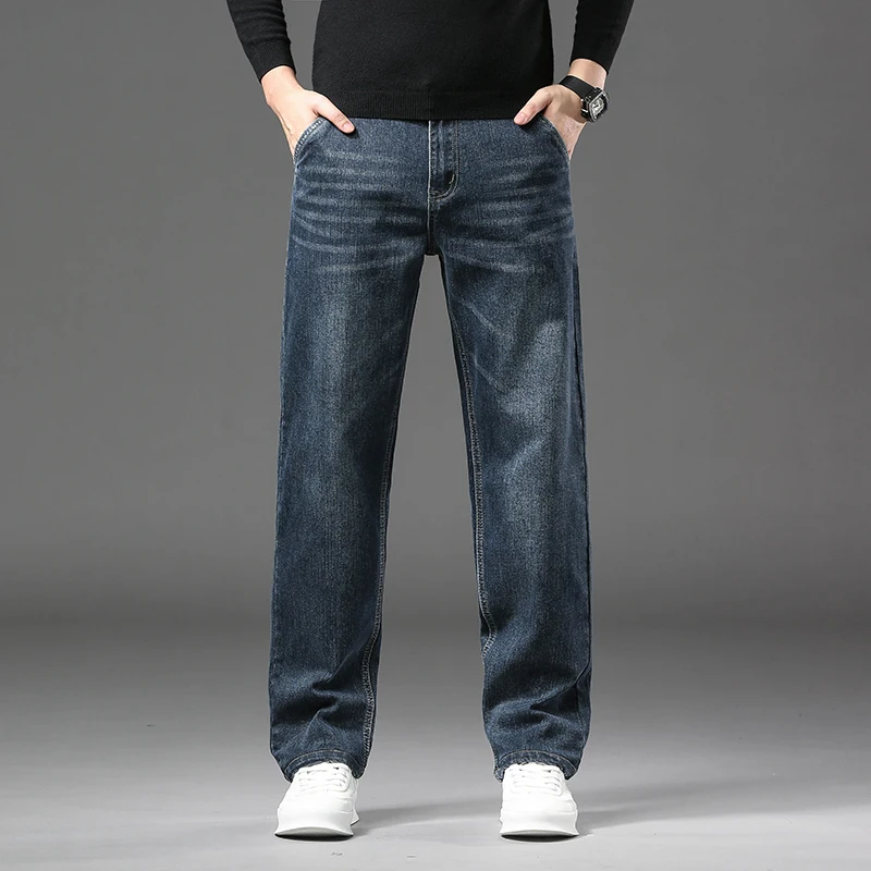 

Men Premium Relaxed Straight Jeans Spring Autumn Casual Mid High Waist Trousers Middle Aged Mens Stretch Comfort Fit Daily Pants