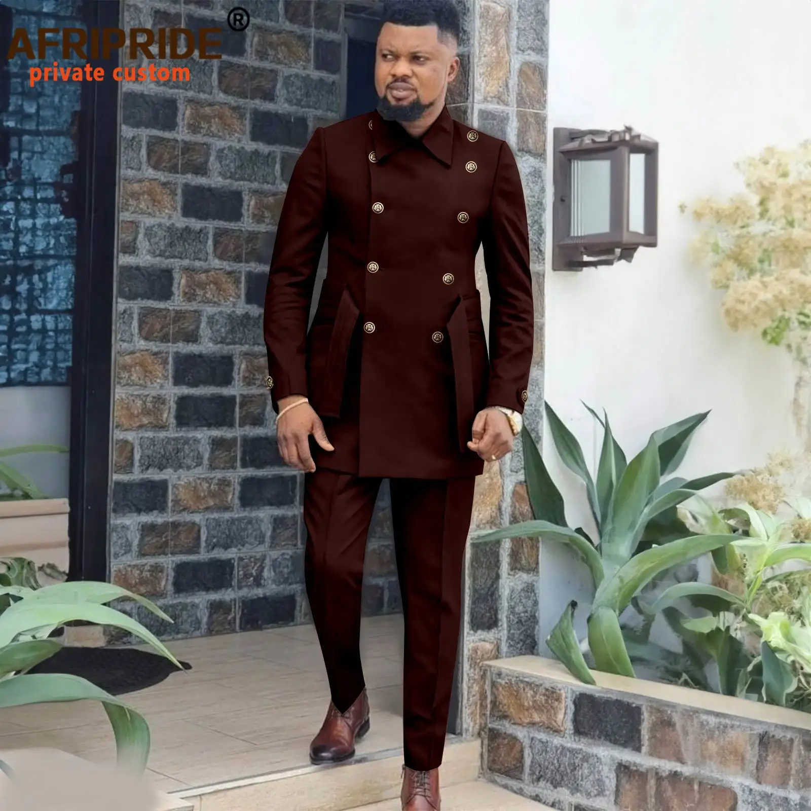 African Suits for Men Double Breasted Full Sleeve Slim Fit Blazer and Trousers Set Dashiki Outfits with Belt Formal Wear 2416039