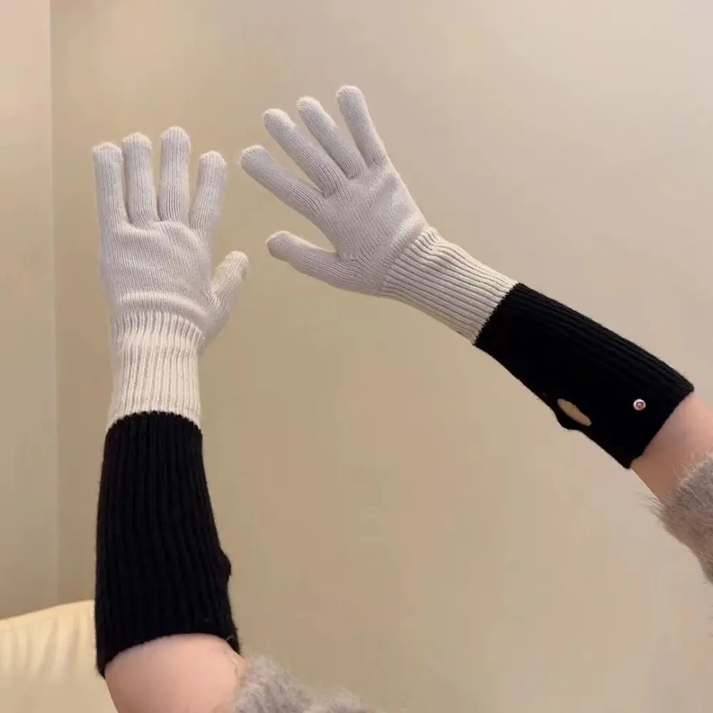 Fashion Warm Color Blocked Knitted Gloves Dual-purpose Open-Finger Long Gloves Soft Windproof Full Finger Mittens Gift