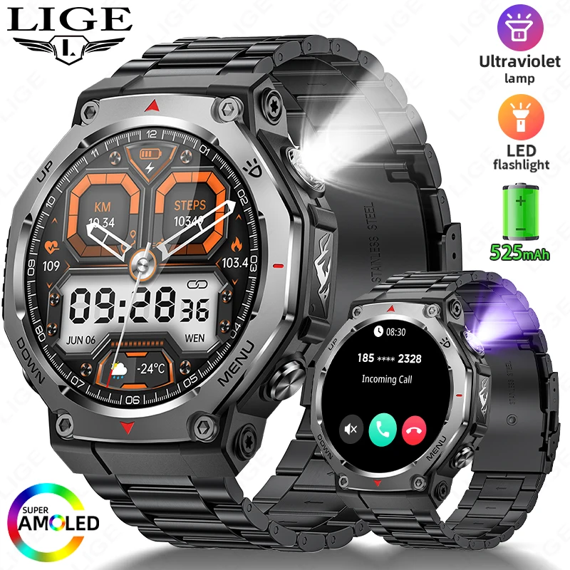 

LIGE Новые Смарт-часы с GPS-трекером, 5 атм, водонепроницаемые, 525 мАч, аккумулятор, УФ-фиолетовый свет, военный спортивный монитор здоровья, мужские умные часы