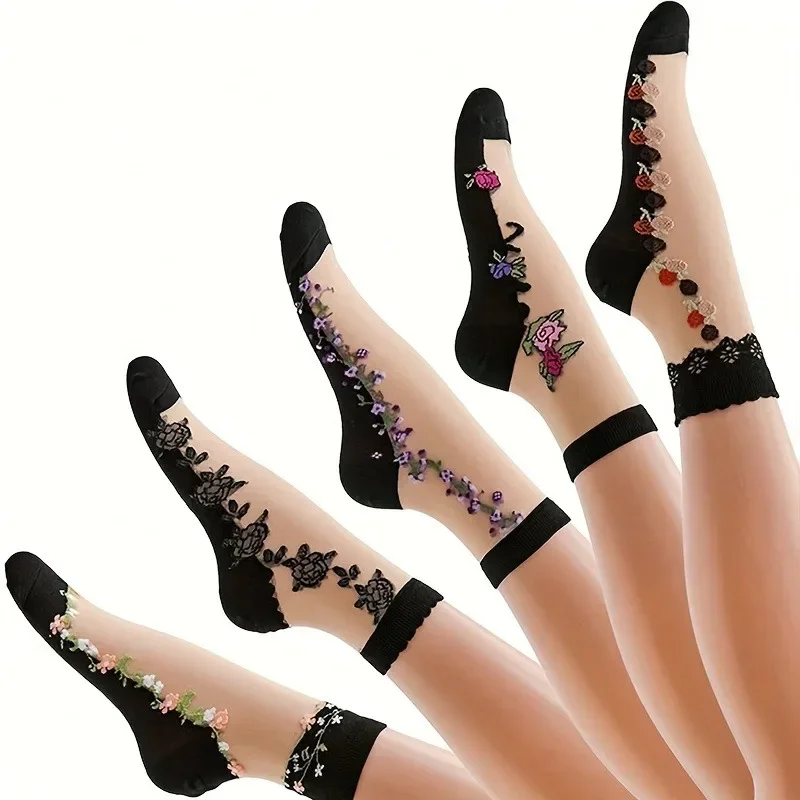 

5 Pairs Floral Glass Silk Socks Thin Sheer Mid Tube Socks Women's Stockings Hosiery Crystal Glass Short Thin Socks