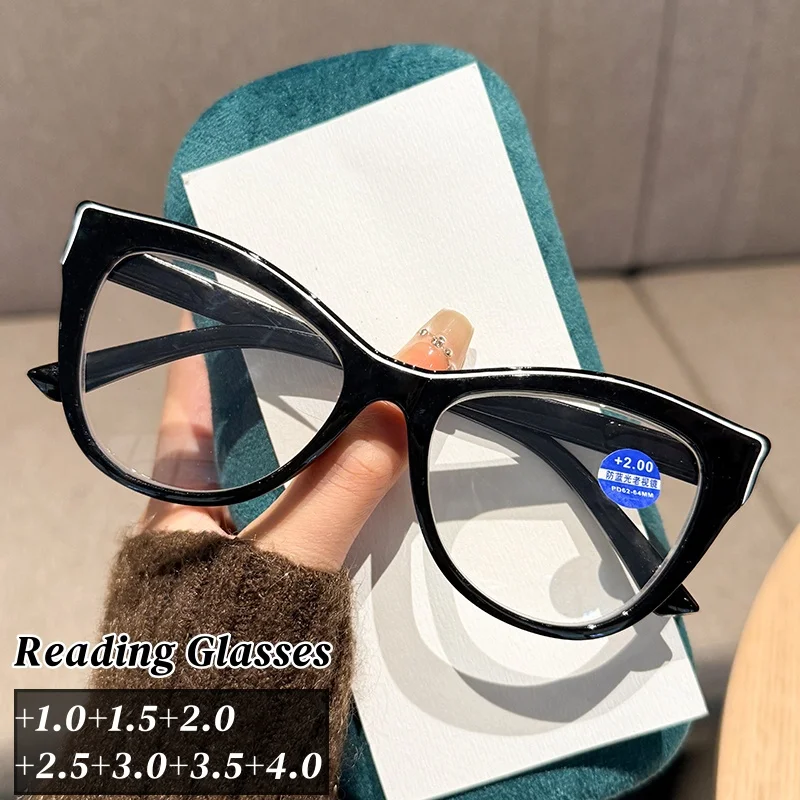 

Модные модные очки для чтения для женщин, сверхлегкие очки для дальнего видения в большой оправе для мужчин, стильные очки в стиле ретро «кошачий глаз», пресбиопия