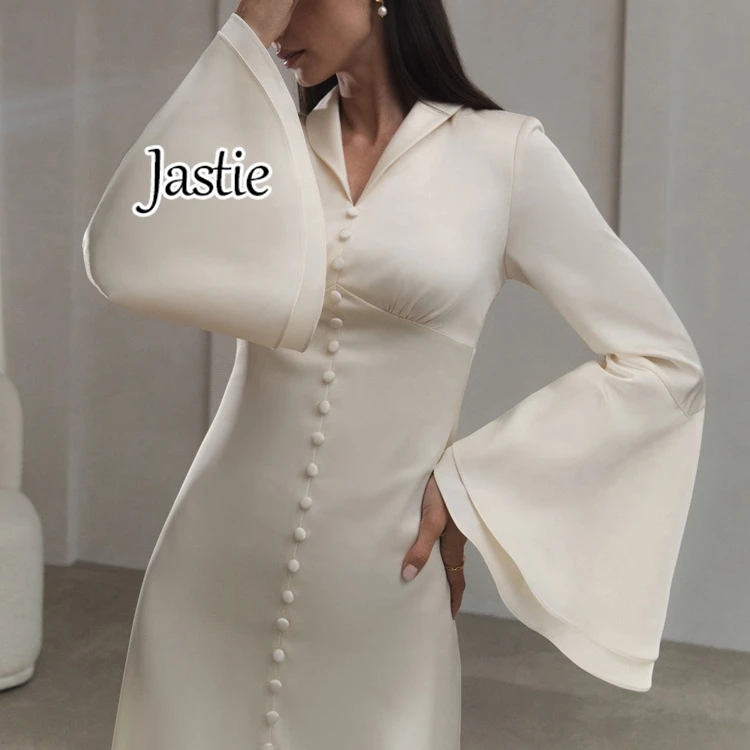 Jastie 2024 Spring Summer Fashion Beige Satin Women's Dresses Elegant Lapel Long Sleeve A-Line Dresses Vintage Ruffle Maxi Dress