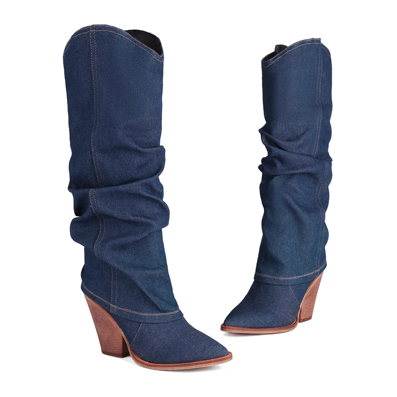 Kcenid Women Denim Knee High Boots Pointed Toe Slip-on Women High Heels Long Boots Sexy Pleated Solid Party Shoes Woman