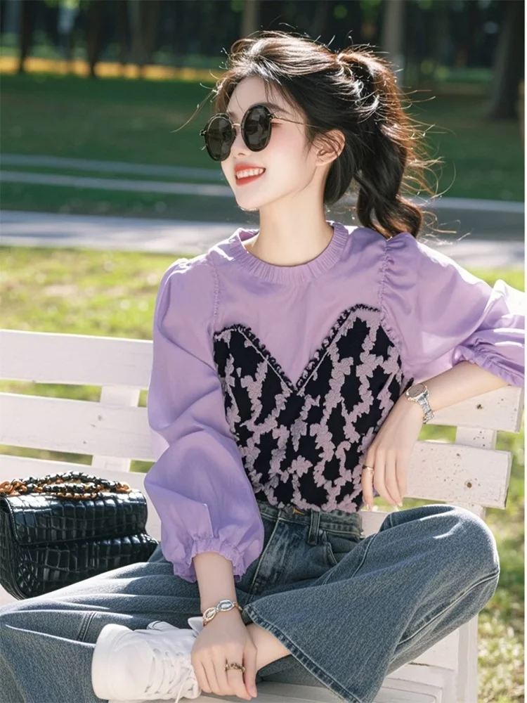 

Уникальная фиолетовая блузка с леопардовым принтом, повседневный дизайн, длинный рукав, V-образный вырез, модная, высококачественная, прямого кроя, для девочек