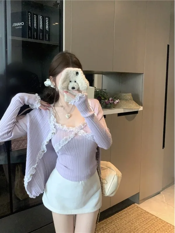 

Spring 2026 New Style Women's Lace Splicing Pure Color Two-Piece Set Knitted Open Cardigan Strap Vest Sexy Suite V-Neck Long ...
