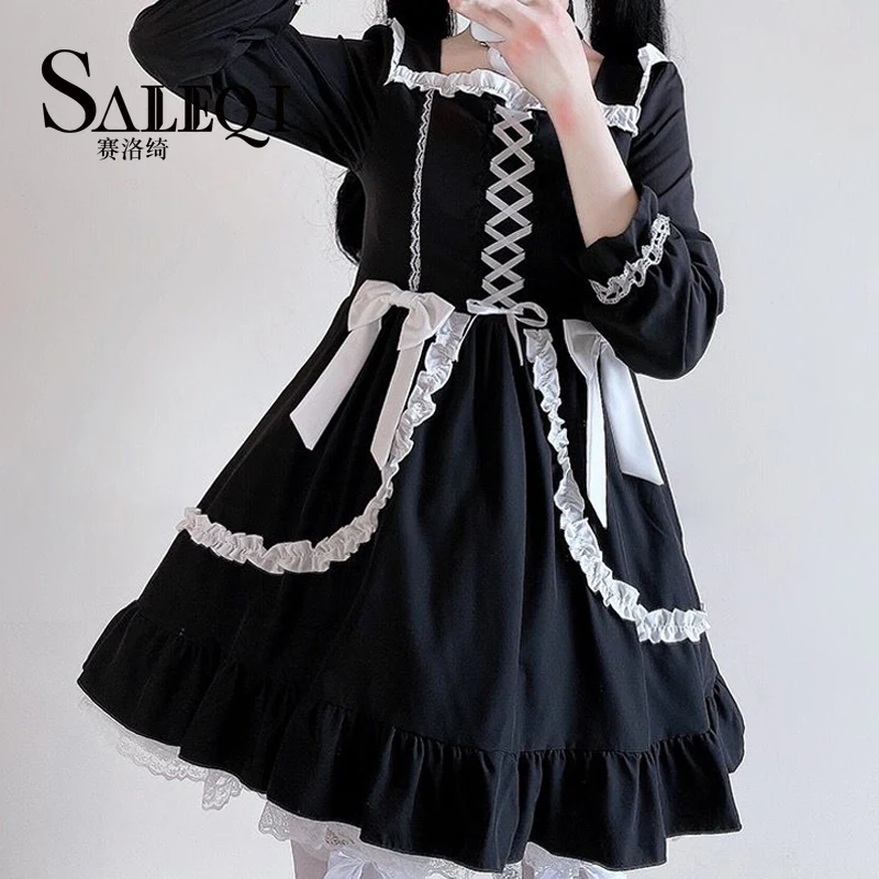 Diablo loli dress cosplay square neck waist dress lace tie bow long sleeve little black dress A-line dresses