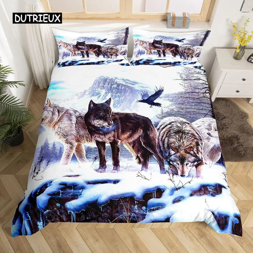 

Wolf Duvet Cover Set Queen For Kids Teens Microfiber Animal Theme Snow Wolf Pattern Quilt Cover Wild Animal Printed Bedding Set