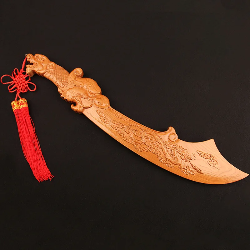 Feicheng Peach Wood Qinglongdao Decoration Guandi-Sword Whole Wood Integrated Non-Stitching Exquisite Relief Crafts Home Decorat