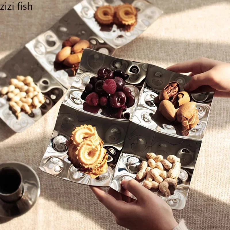 Creative Stainless Steel Multi Grid Fruit Plate Living Room Candy Plate Dry Fruit Plates Snack Plates Household Storage Tray