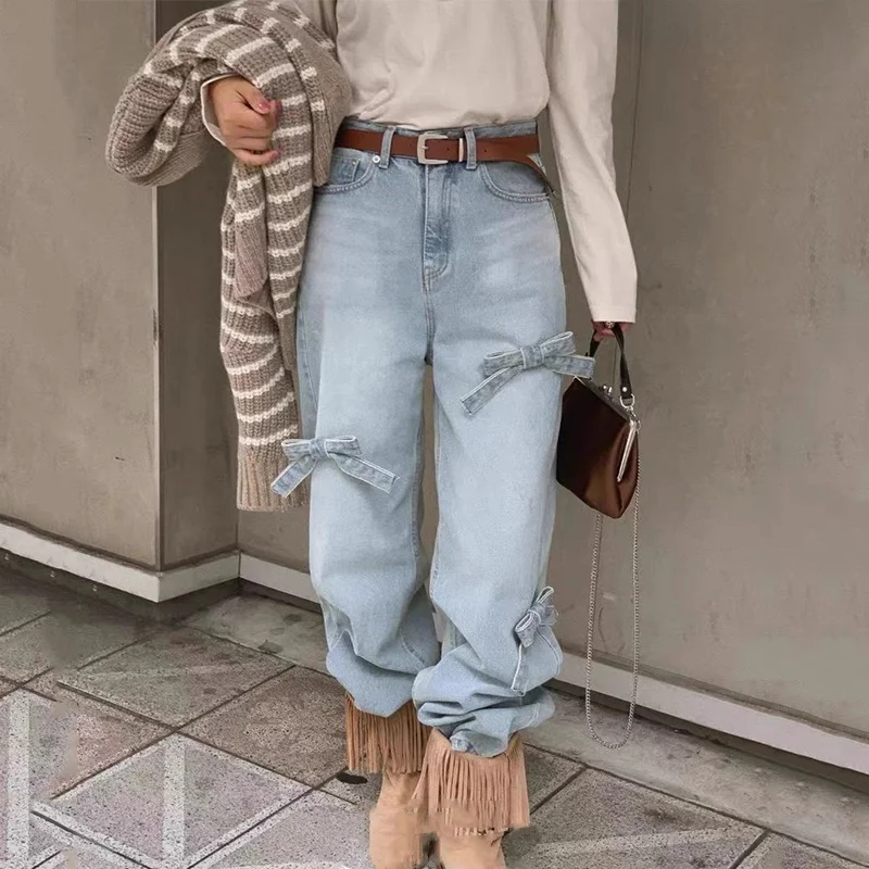

Retro Knot Design High Waist Straight Leg Jeans Women's Autumn Winter New Style Vintage Look Versatile Long Pants