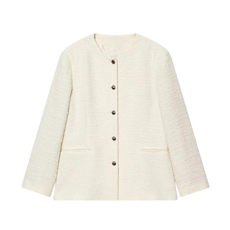 เจนนี่&เดฟเสื้อแจ็คเก็ตผู้หญิงสไตล์มินิมอลสีเบจแบบฝรั่งเศส เสื้อผ้าผู้หญิง เบลเซอร์ผู้หญิง กระดุมแถวเดียว คอทรงกลม เสื้อสูทสำหรับผู้หญิง