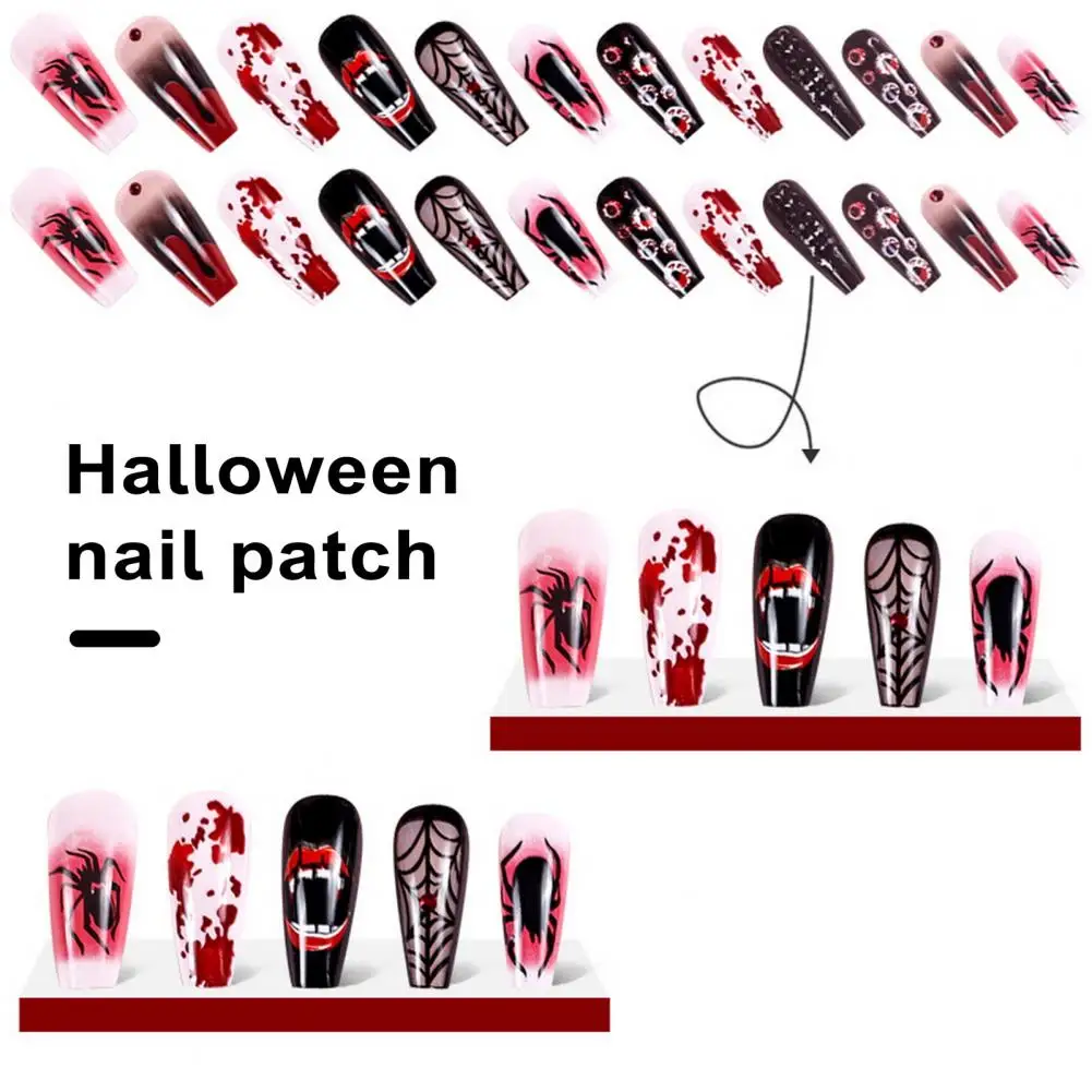 Manicure Fake Nails Spooky Halloween Nail Art 3d Eyeball Spider Fangs Decor False Nails Easy Removal Great Stickiness for Party