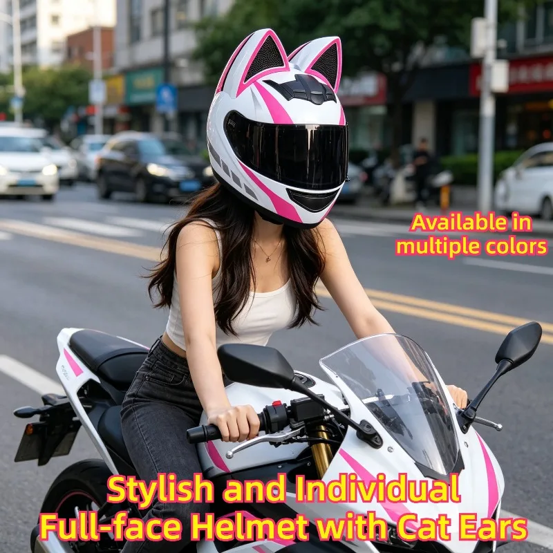 

Unisex Full Face Motorcycle Helmet Cute Cat Ears Design Street Bike Riding Helmet Safety Protective Helmet for Scooter
