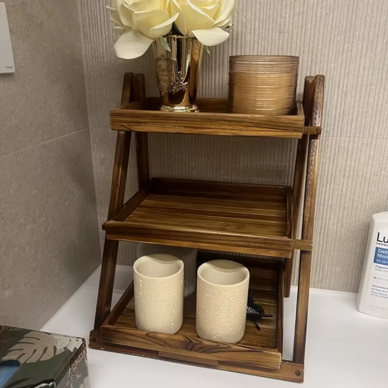 Kitchen Teak Organizer Storage Shelf Foldable Wooden Storage Rack Solid Wood Desktop Stand Multifunctional Space-Saving Holder