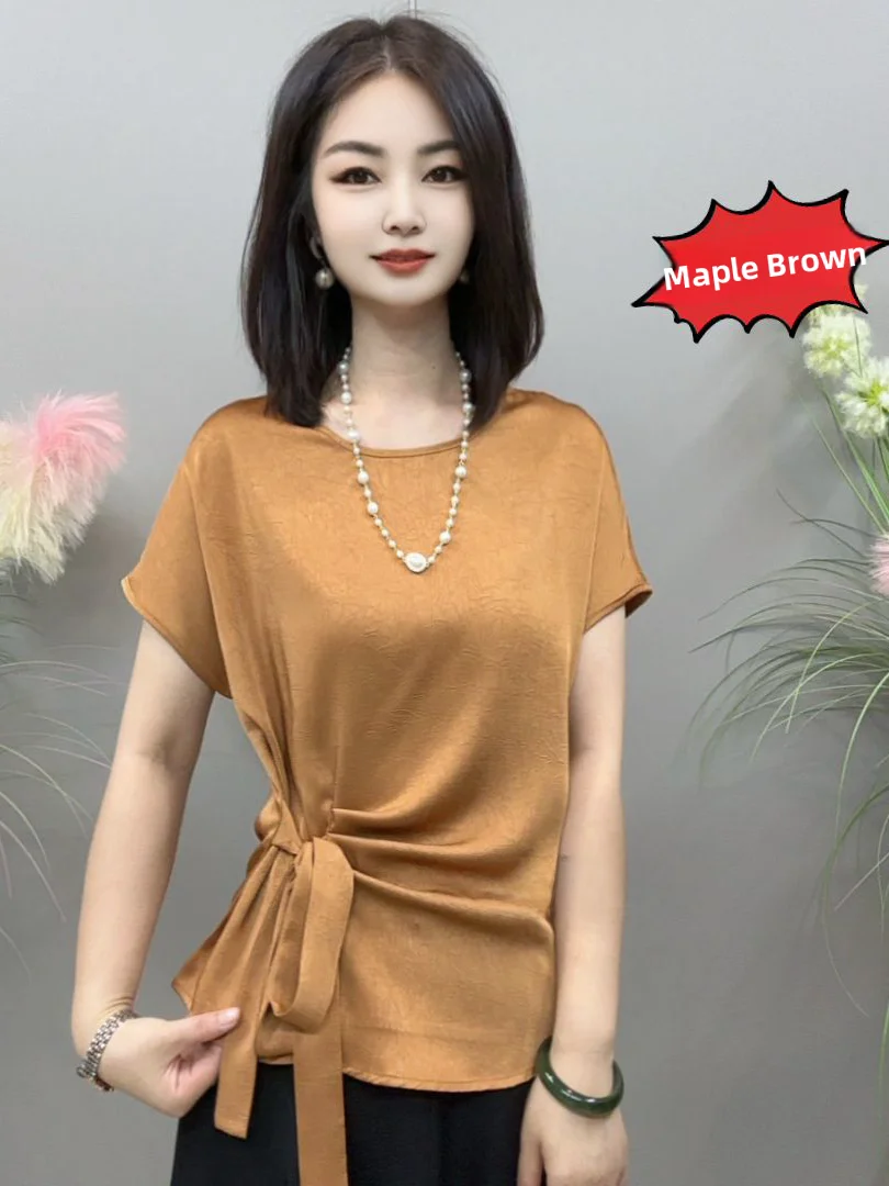 

Slimming Effect Short Sleeve round Neck Shirt Women's Fashion Design Sash Casual Style Spring 2026 Ladies Elegant Top