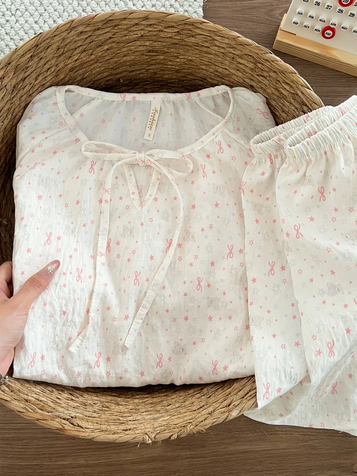 

Korean Style Star Bear Women's Summer Sleepwear Short Sleeve Shorts Home Clothes Set Cute Girl Student Cloud Cotton Loose Fit