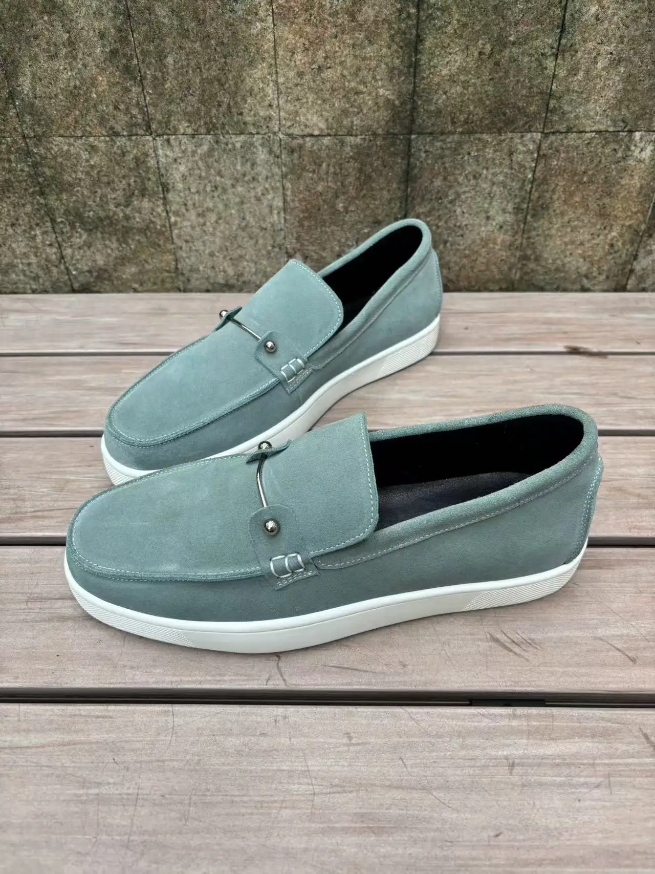 Solid Round Head Male Loafers Cover Heel Slip on Men Shoes Fashion Metal Buckle Flats Spring Dress Shoes