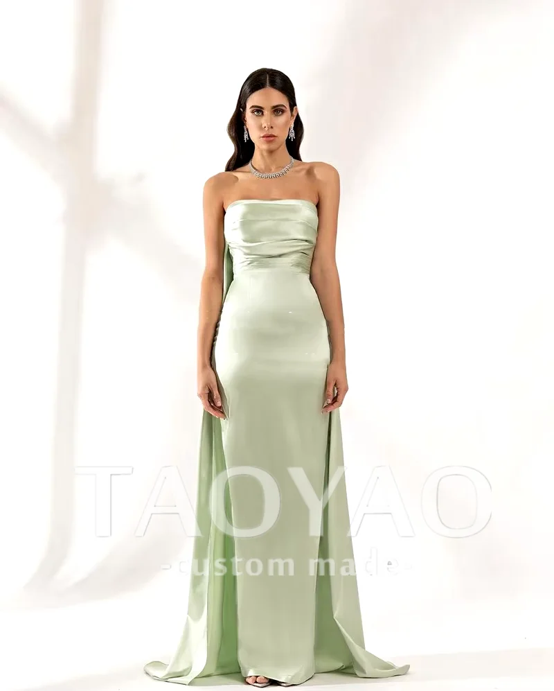 

Sexy Ming Green Satin Evening Dresses Off Shoulder Arabic Mermaid Long Cape Prom Gowns Formal Occasion Party Dress Customized