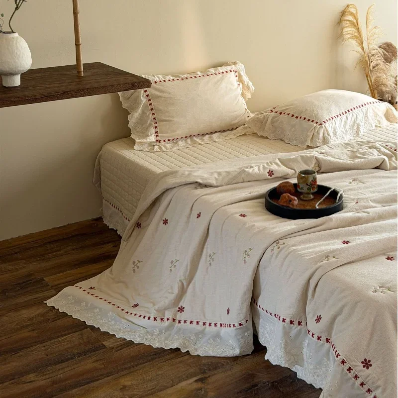 Vintage French Lace Bedspread Set 3PC - Cotton Linen Blend Quilt 1PC, Reversible Lightweight Coverlet, Multi-purpose Bed Blanket