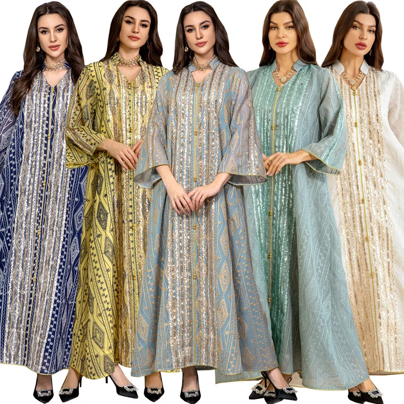 

Luxury Blue White Abayas for Muslim Women Embroidered Evening Dress Sequins Ramadam Kimono Full Length Dresses Fashion Robe