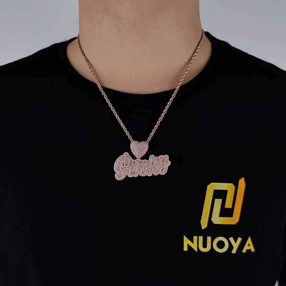 Imagem -04 - Carta Personalizada Personalizada Colar Pingente Rosa Placa de Ouro 18k Nome Cursivo Colar Gancho de Coração cz Gelado