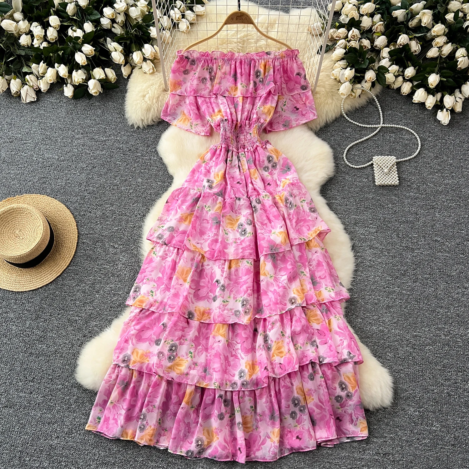 French Vintage  off shoulder short sleeve ruffle Dress Chic Casual Beach Vacation Women Summer chiffon dresses