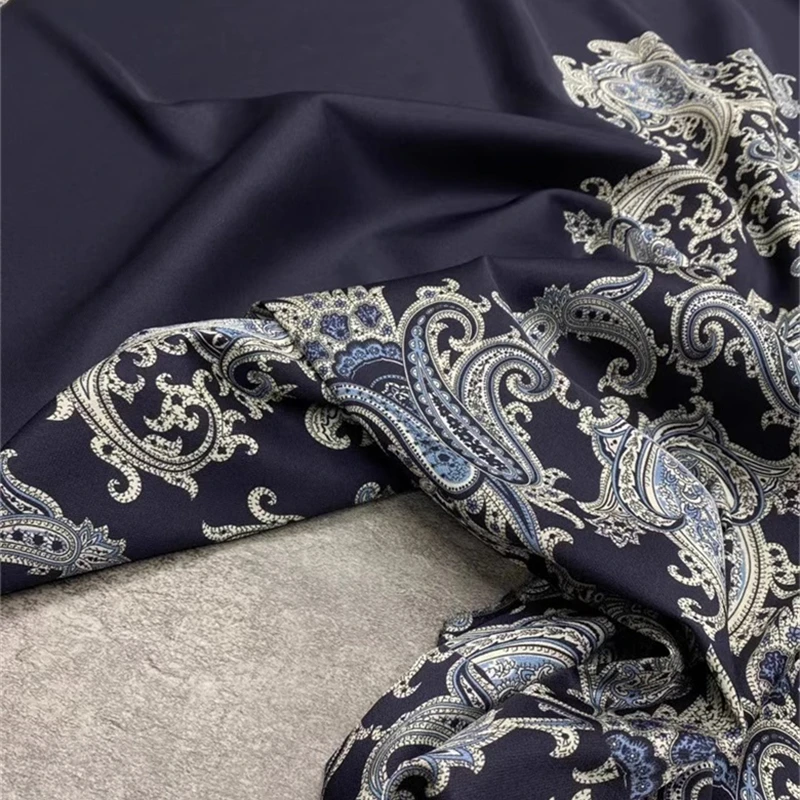 Classic Navy Blue Bottom Cashew Flower Twill Stretch Silk Fabric Grade Foreign Style Shirt Natural Designer Clothing Fabric Diy