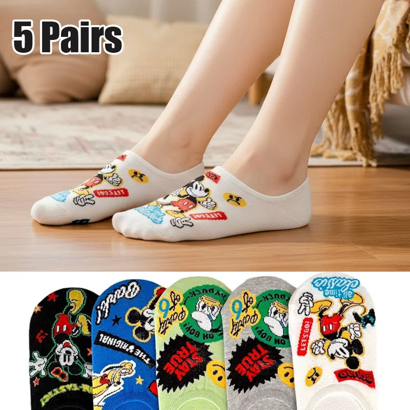 

5 пар летних женских носков с Микки и мультфильмами, хлопковые носки с Микки Дональдом, кавайные невидимые нескользящие короткие носки, милые носки в стиле Харадзюку
