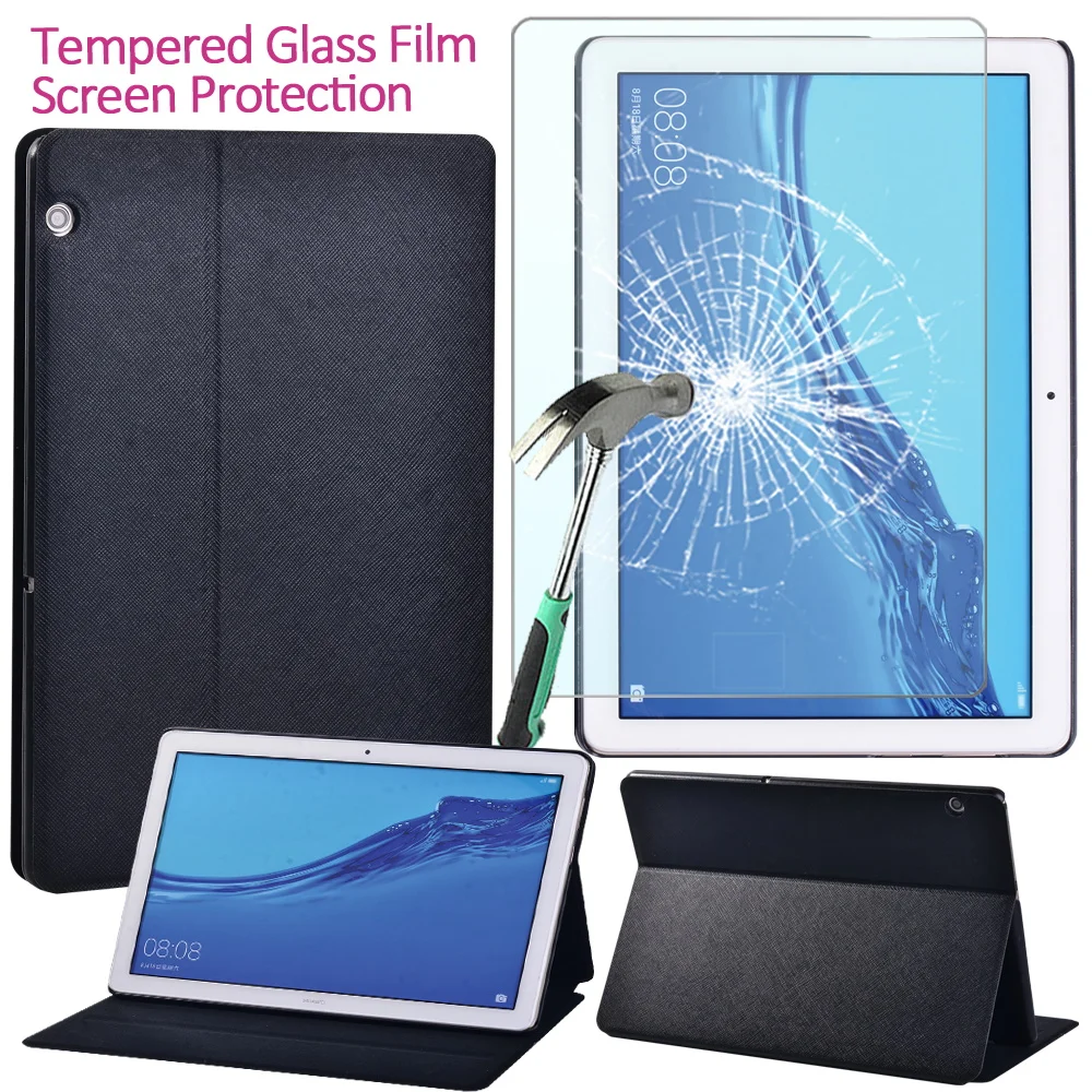 

Case for Huawei MediaPad T5 10 10.1 Inch AGS2-W09/W19/L03/L09 High Quality Flip Leather Stand Tablet Cover + Tempered Glass