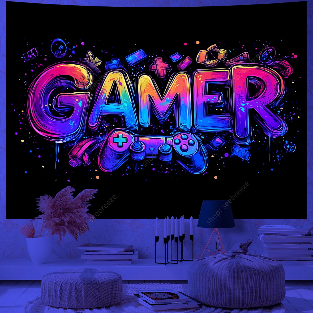 Game Over Game Zone UV Reactive Tapestry E-Sports Room Game Controller Tapestry Hippie Tapiz Neon Background Room Wall Decor
