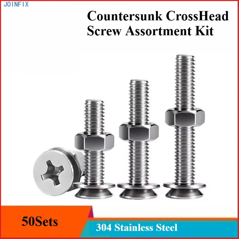 50Sets  304 Stainless Steel M4 Countersunk Cross Head Screw Assortment Kit with Nuts & Washers