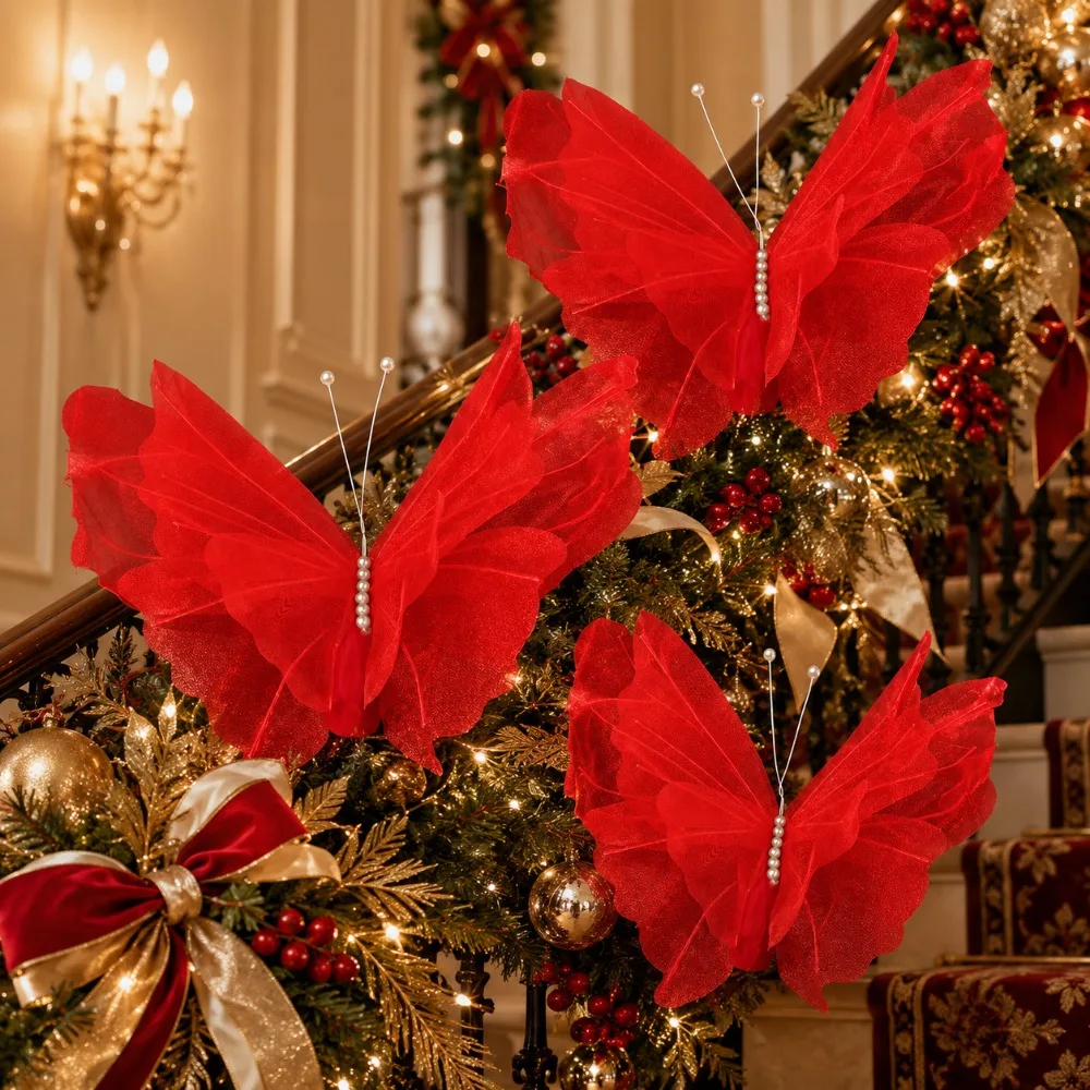 3 Pieces of Large-Sized Hanging Christmas Red butterfly Decorations, 3D Three-Dimensional Laser-Sprayed Silk Imitation Butterfli